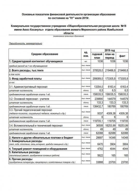 Основные показатели финансовой деятельности организации  по состоянию на "1"июля 2019г.
