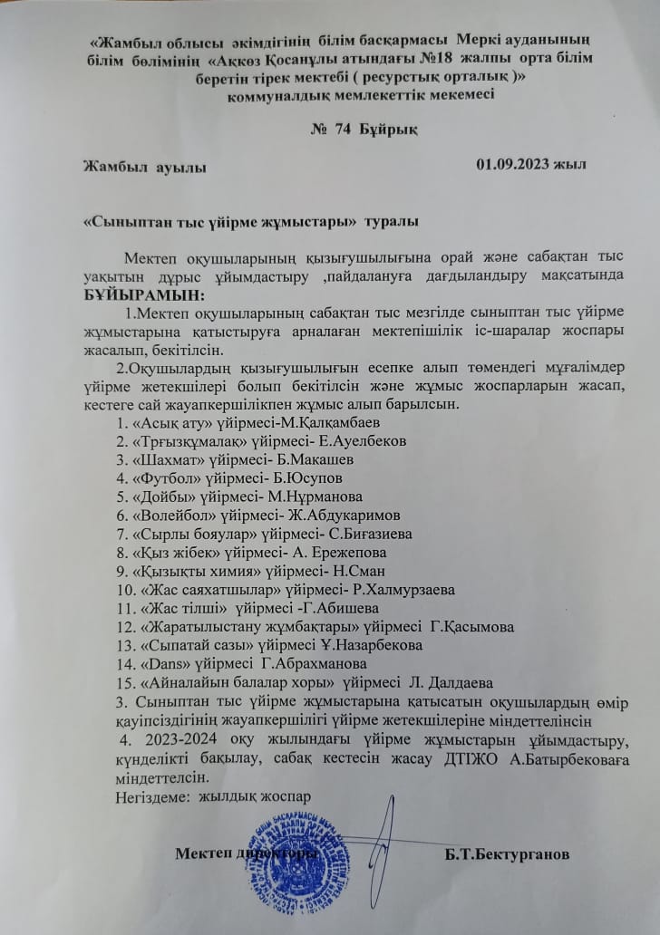 "Сыныптан тыс үйірме жұмыстары" туралы