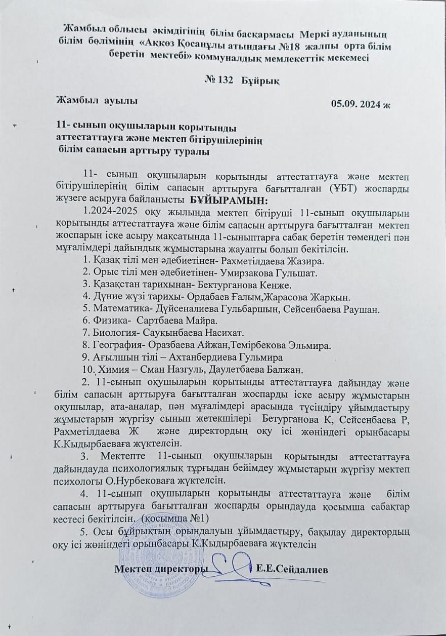 11 сынып оқушыларын қорытынды аттестаттауға және мектеп бітірушілерінің білім сапасын арттыру