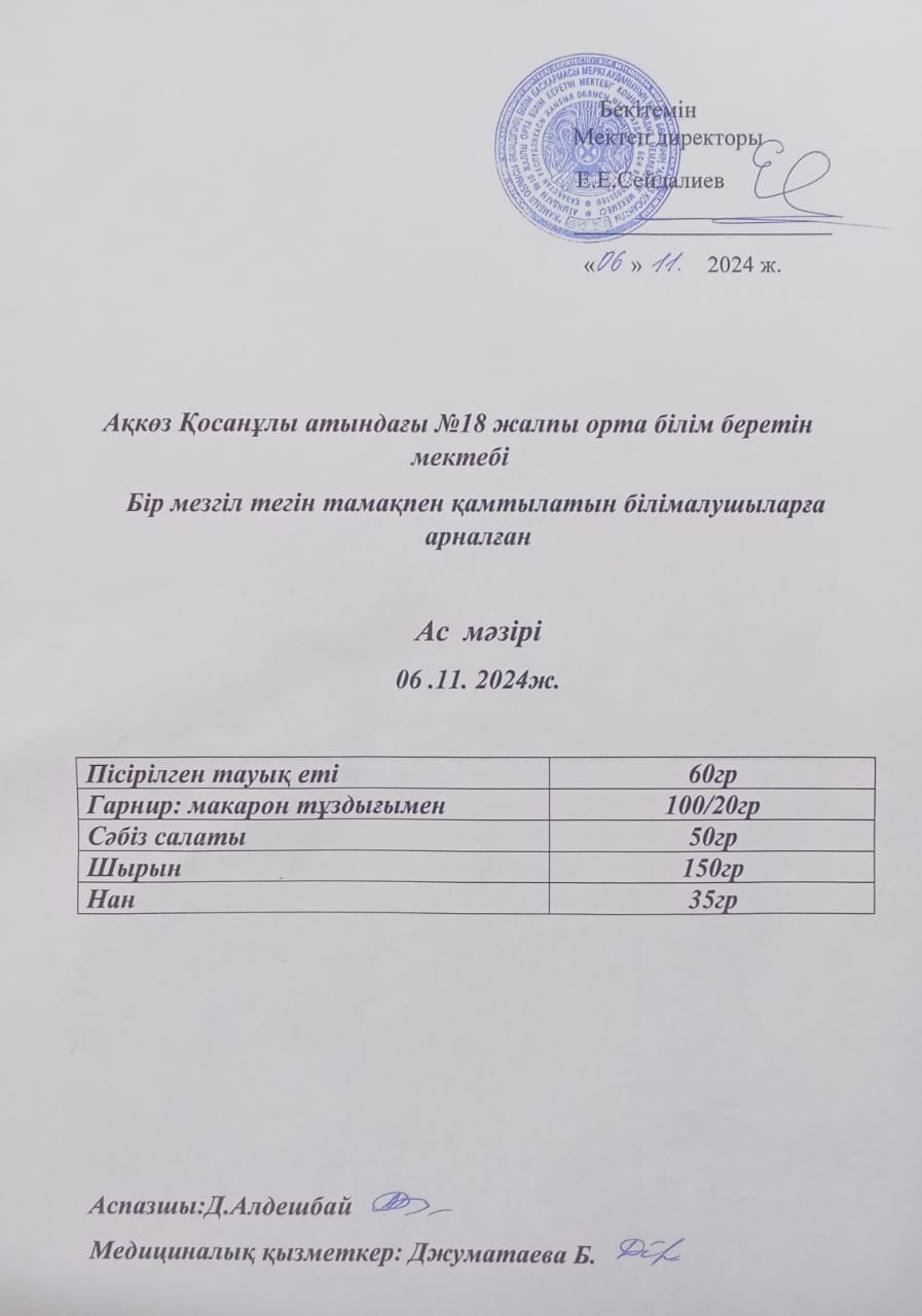 Мектеп асханасында тегін және жеңілдетілген тамақтандырумен қамтылатын білім алушыларға арналған ас мәзірі