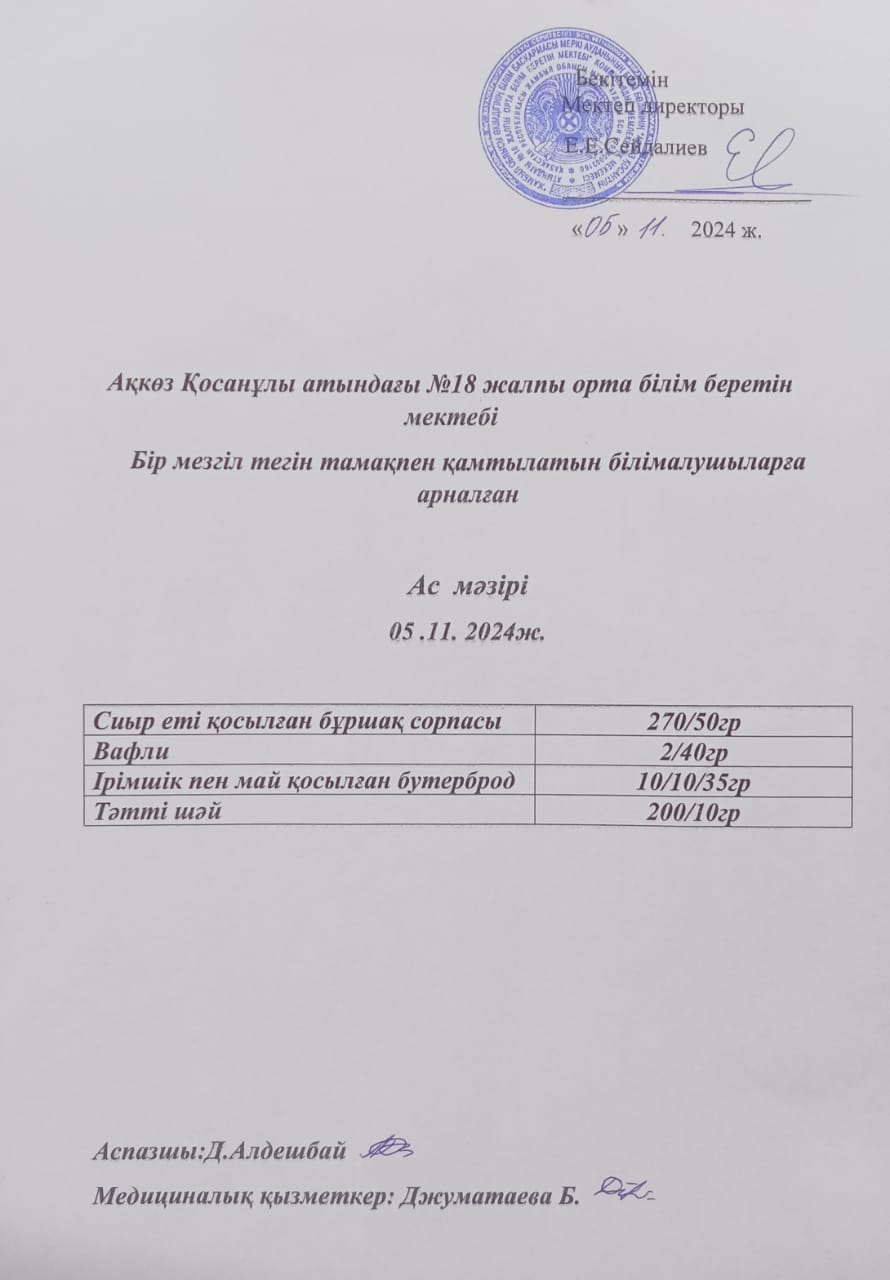 Тегін және жеңілдетілген тамақтанумен қамтылған білім алушыларға арналған ас мәзірі
