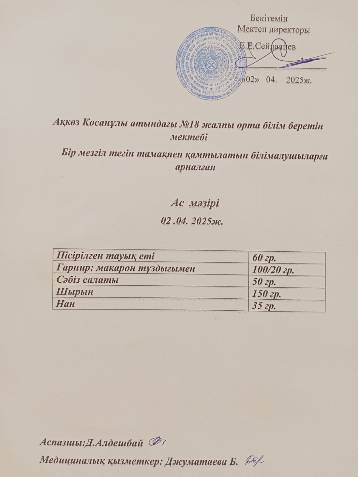 Тегін және жеңілдетілген тамақтандырумен қамтылатын білім алушыларға арналған ас мәзірі